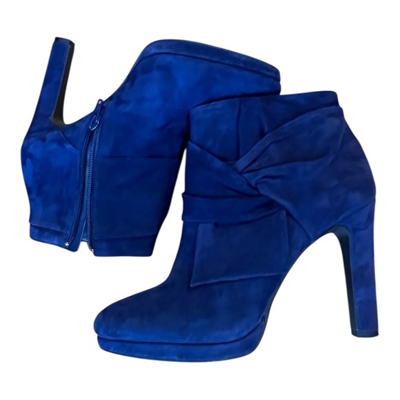 Gianni Bini Women's Blue Suede Bow Ankle Boots Bootie Zip Platform Heels Size 8 - Picture 2 of 16